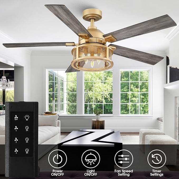 Farmhouse Ceiling Fans with Lights, 52 Inch Ceiling Fan with Remote for Bedroom Living room, Rustic Caged Fandelier with 5