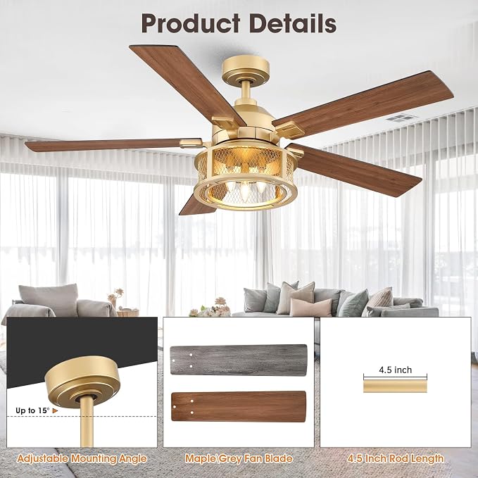Farmhouse Ceiling Fans with Lights, 52 Inch Ceiling Fan with Remote for Bedroom Living room, Rustic Caged Fandelier with 5