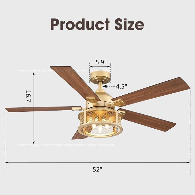 Farmhouse Ceiling Fans with Lights, 52 Inch Ceiling Fan with Remote for Bedroom Living room, Rustic Caged Fandelier with 5