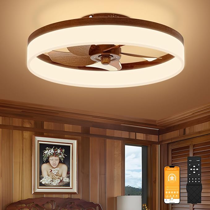 Farmhouse Ceiling Fans with Lights and Remote, 19.7in Low Profile Ceiling Fan Flush Mount, 3000K-6500K Dimmable