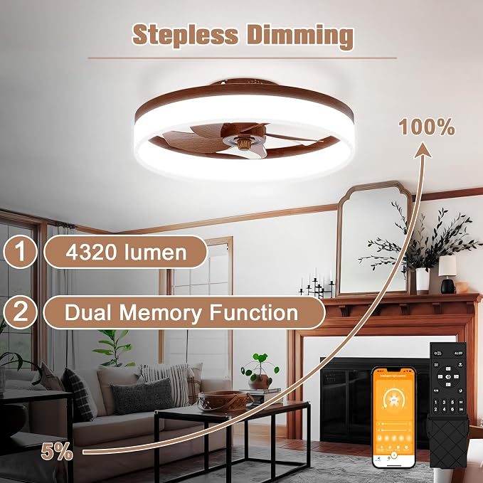 Farmhouse Ceiling Fans with Lights and Remote, 19.7in Low Profile Ceiling Fan Flush Mount, 3000K-6500K Dimmable, alternate