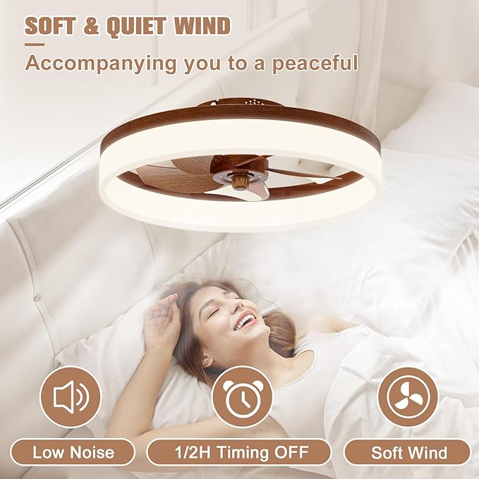 Farmhouse Ceiling Fans with Lights and Remote, 19.7in Low Profile Ceiling Fan Flush Mount, 3000K-6500K Dimmable, alternate