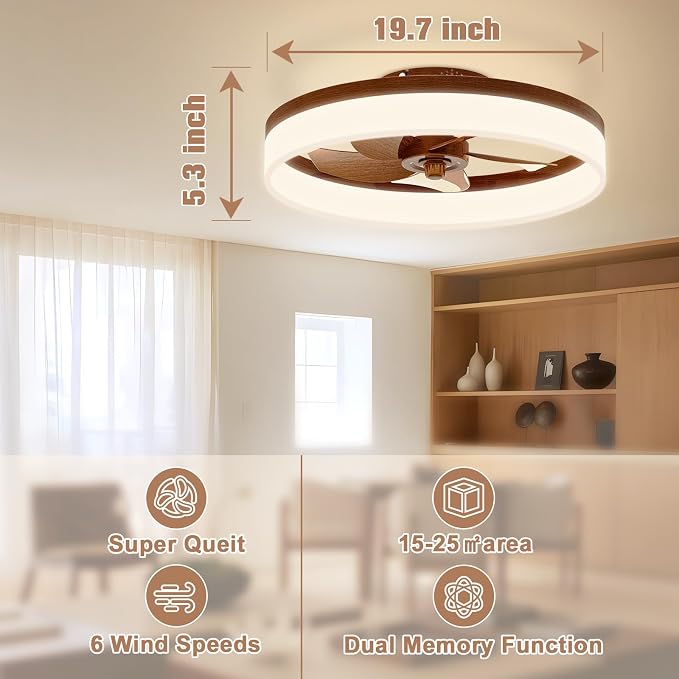 Farmhouse Ceiling Fans with Lights and Remote, 19.7in Low Profile Ceiling Fan Flush Mount, 3000K-6500K Dimmable, alternate
