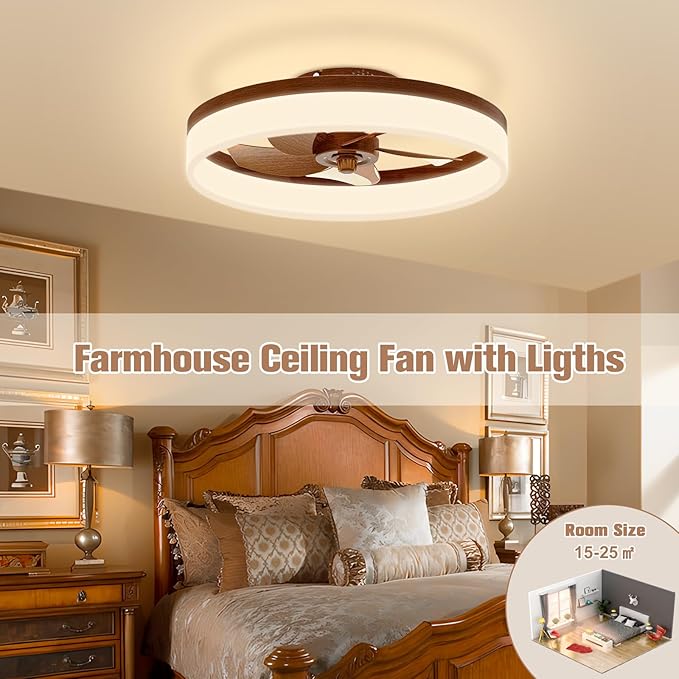 Farmhouse Ceiling Fans with Lights and Remote, 19.7in Low Profile Ceiling Fan Flush Mount, 3000K-6500K Dimmable, alternate