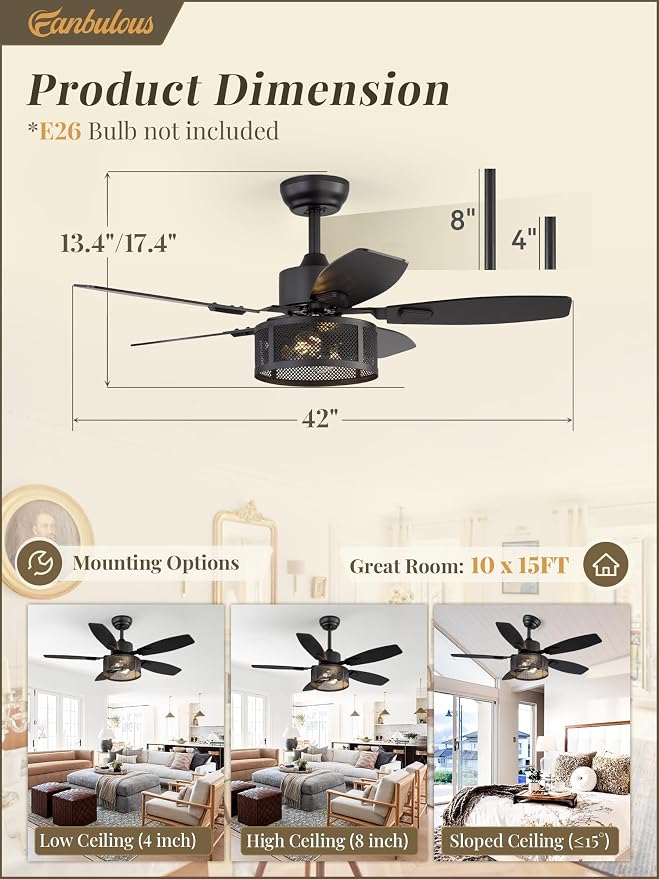 Farmhouse Ceiling Fans with Lights and Remote, 42 Inch Industrial Black Caged Ceiling Fans for Living Room Bedroom Kitchen, 6