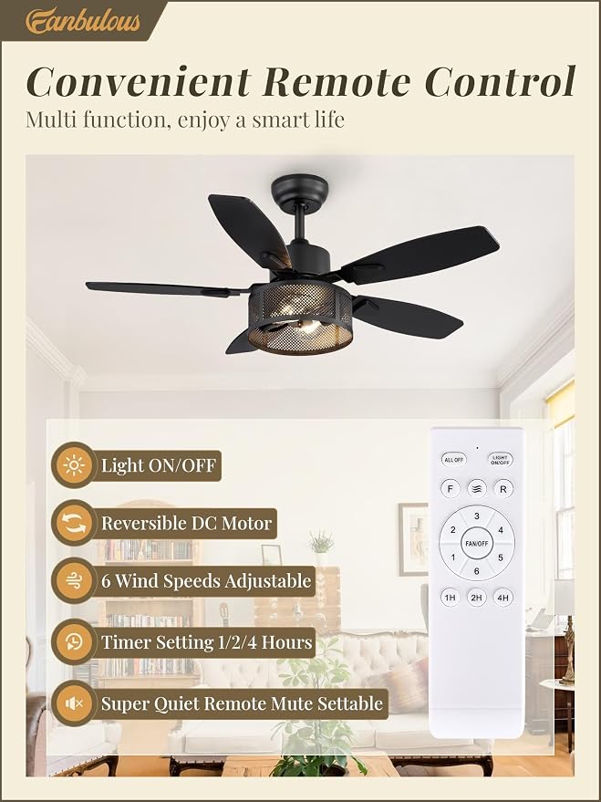 Farmhouse Ceiling Fans with Lights and Remote, 42 Inch Industrial Black Caged Ceiling Fans for Living Room Bedroom Kitchen, 6