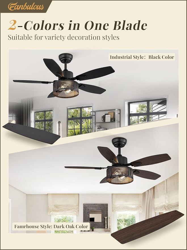 Farmhouse Ceiling Fans with Lights and Remote, 42 Inch Industrial Black Caged Ceiling Fans for Living Room Bedroom Kitchen, 6
