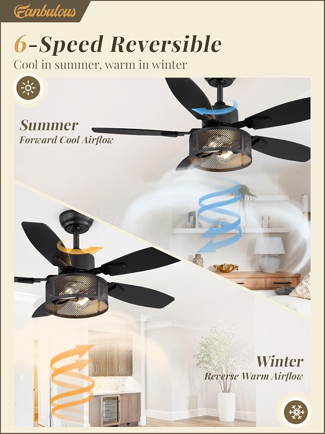 Farmhouse Ceiling Fans with Lights and Remote, 42 Inch Industrial Black Caged Ceiling Fans for Living Room Bedroom Kitchen, 6