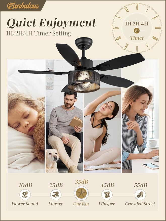 Farmhouse Ceiling Fans with Lights and Remote, 42 Inch Industrial Black Caged Ceiling Fans for Living Room Bedroom Kitchen, 6