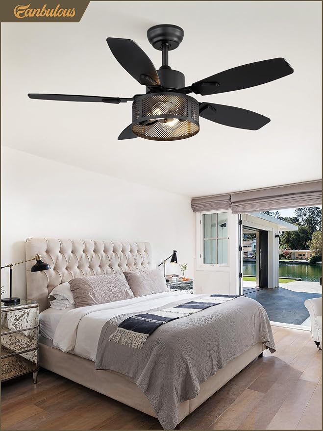 Farmhouse Ceiling Fans with Lights and Remote, 42 Inch Industrial Black Caged Ceiling Fans for Living Room Bedroom Kitchen, 6