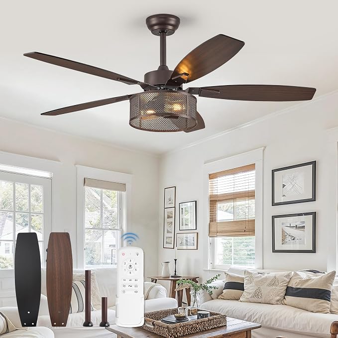 Farmhouse Oil Bronze Ceiling Fans with Lights and Remote, 52 Inch Bedroom Caged Ceiling Fans for Living Room Kitchen,6 Speed