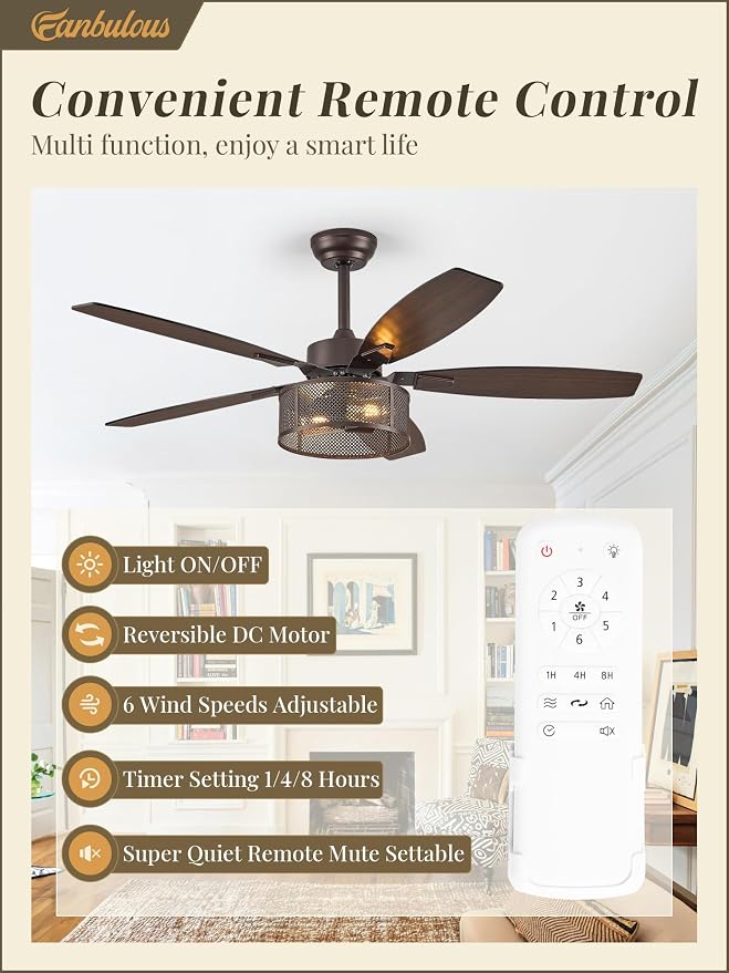 Farmhouse Oil Bronze Ceiling Fans with Lights and Remote, 52 Inch Bedroom Caged Ceiling Fans for Living Room Kitchen,6 Speed