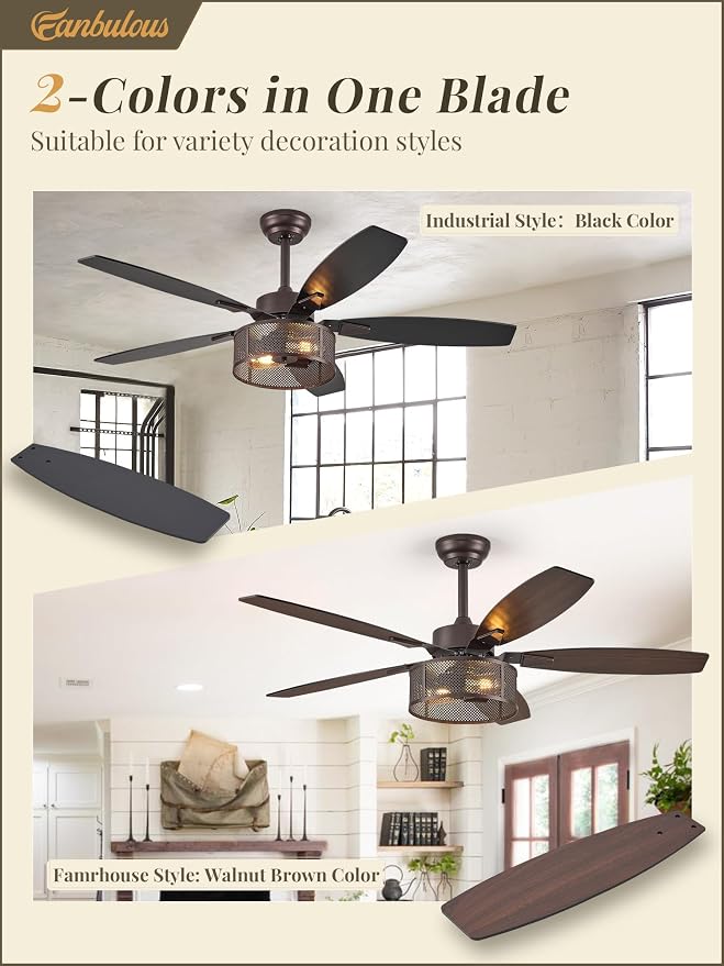 Farmhouse Oil Bronze Ceiling Fans with Lights and Remote, 52 Inch Bedroom Caged Ceiling Fans for Living Room Kitchen,6 Speed