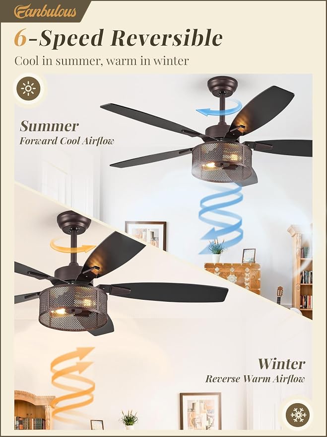 Farmhouse Oil Bronze Ceiling Fans with Lights and Remote, 52 Inch Bedroom Caged Ceiling Fans for Living Room Kitchen,6 Speed
