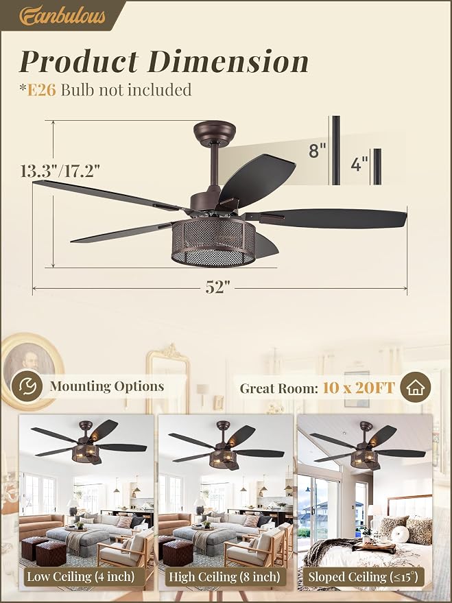 Farmhouse Oil Bronze Ceiling Fans with Lights and Remote, 52 Inch Bedroom Caged Ceiling Fans for Living Room Kitchen,6 Speed
