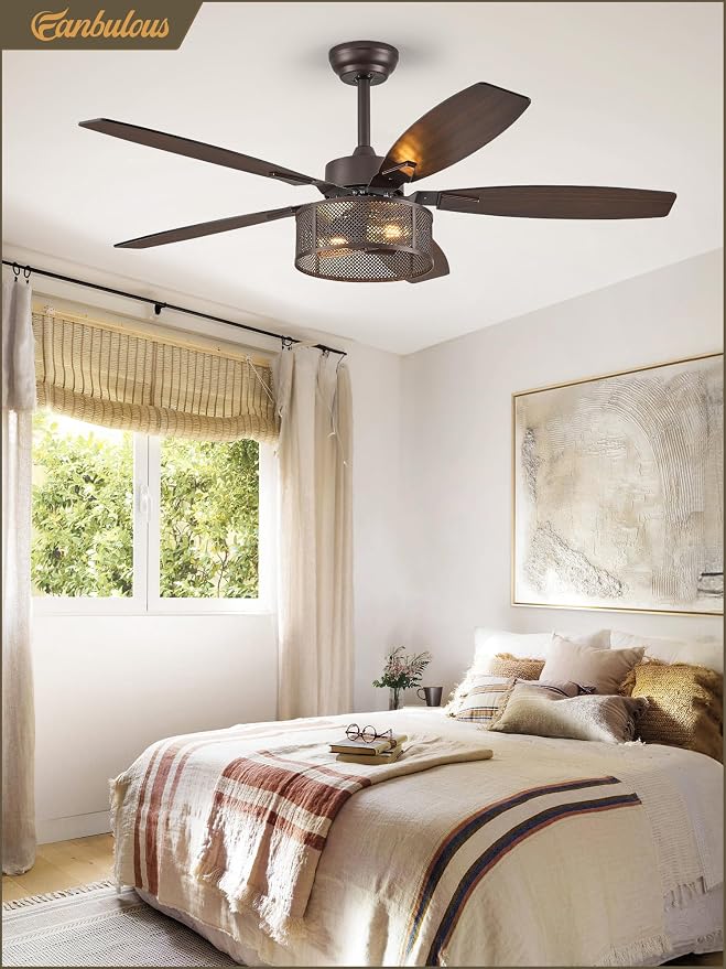 Farmhouse Oil Bronze Ceiling Fans with Lights and Remote, 52 Inch Bedroom Caged Ceiling Fans for Living Room Kitchen,6 Speed
