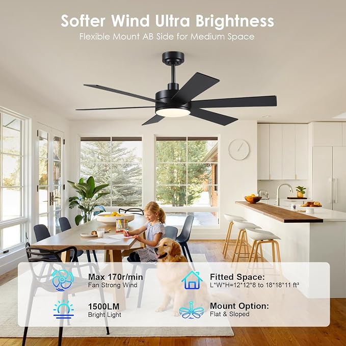 Farmhouse Rustic Ceiling Fans with Lights and Remote, Bedroom Living Room Kitchen Fans Ceiling with Light Chandier (Black, 52