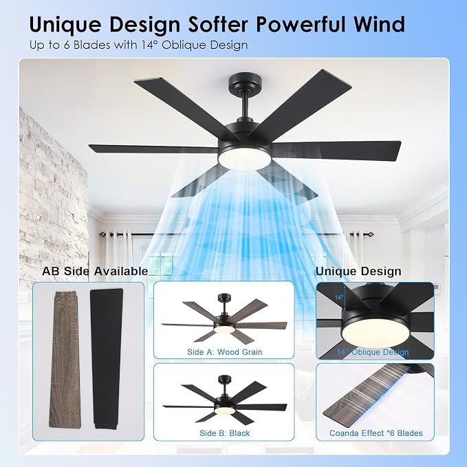 Farmhouse Rustic Ceiling Fans with Lights and Remote, Bedroom Living Room Kitchen Fans Ceiling with Light Chandier (Black, 52