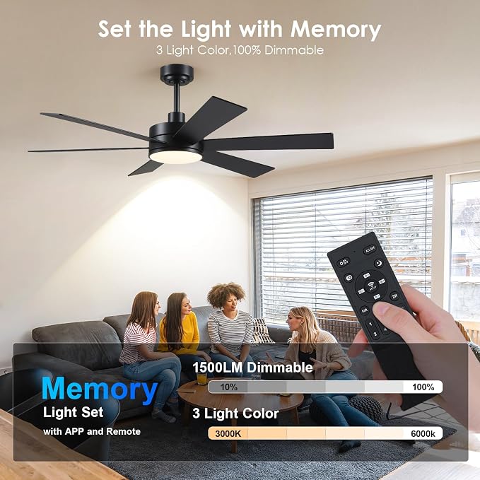 Farmhouse Rustic Ceiling Fans with Lights and Remote, Bedroom Living Room Kitchen Fans Ceiling with Light Chandier (Black, 52