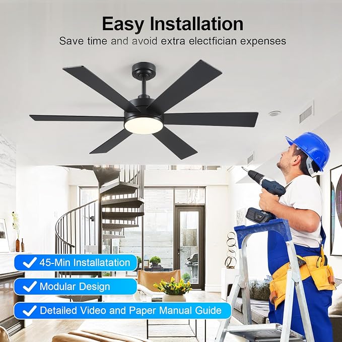 Farmhouse Rustic Ceiling Fans with Lights and Remote, Bedroom Living Room Kitchen Fans Ceiling with Light Chandier (Black, 52