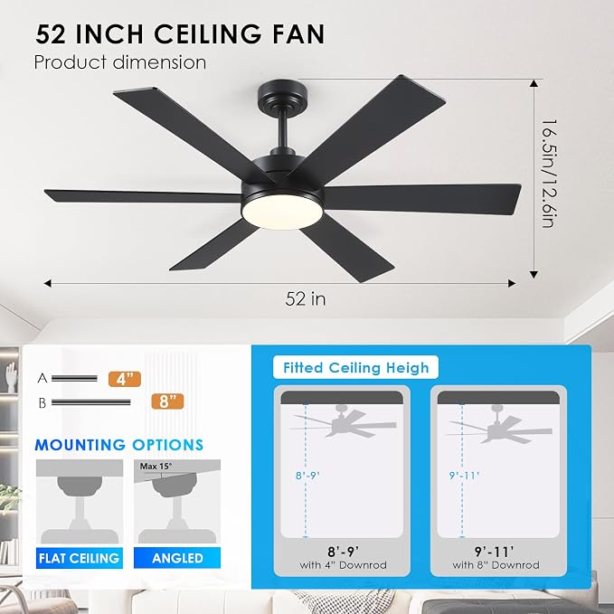 Farmhouse Rustic Ceiling Fans with Lights and Remote, Bedroom Living Room Kitchen Fans Ceiling with Light Chandier (Black, 52