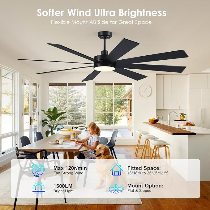 Farmhouse Rustic Ceiling Fans with Lights and Remote, Bedroom Living Room Kitchen Fans Ceiling with Light Chandier (Black, 72