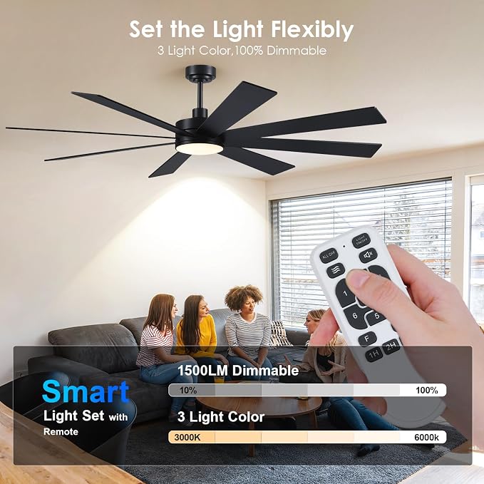 Farmhouse Rustic Ceiling Fans with Lights and Remote, Bedroom Living Room Kitchen Fans Ceiling with Light Chandier (Black, 72