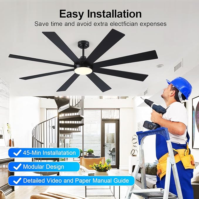 Farmhouse Rustic Ceiling Fans with Lights and Remote, Bedroom Living Room Kitchen Fans Ceiling with Light Chandier (Black, 72