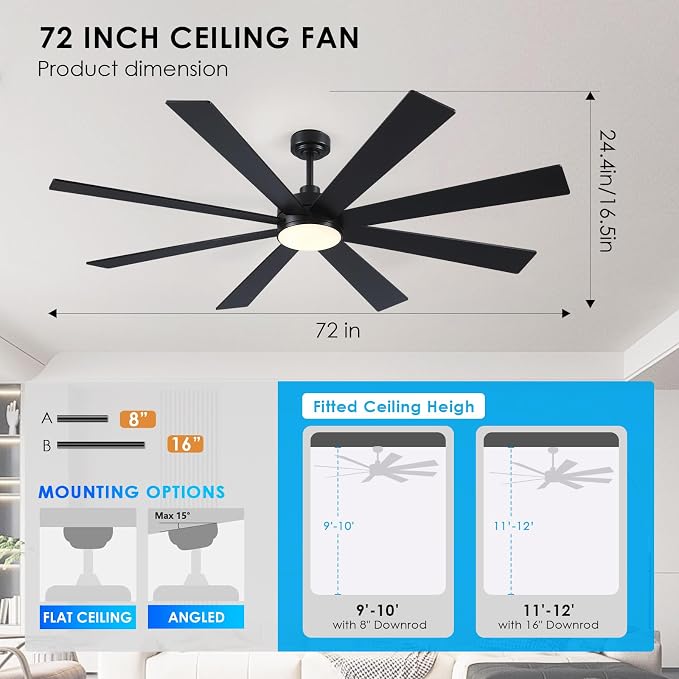 Farmhouse Rustic Ceiling Fans with Lights and Remote, Bedroom Living Room Kitchen Fans Ceiling with Light Chandier (Black, 72