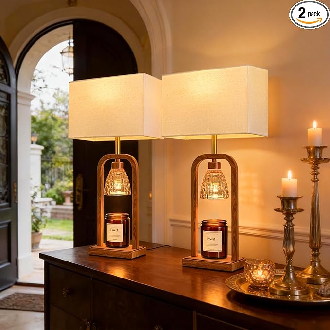 Farmhouse Table Lamps with Candle Warmer & Timer for Bedroom, Wood-Like Bedside Lamps Set of 2 for Night Stands, 21.5''
