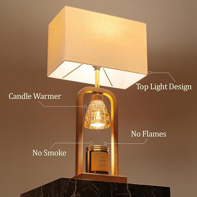 Farmhouse Table Lamps with Candle Warmer & Timer for Bedroom, Wood-Like Bedside Lamps Set of 2 for Night Stands, 21.5''