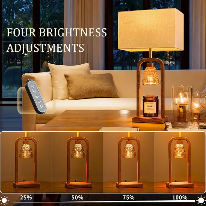 Farmhouse Table Lamps with Candle Warmer & Timer for Bedroom, Wood-Like Bedside Lamps Set of 2 for Night Stands, 21.5''