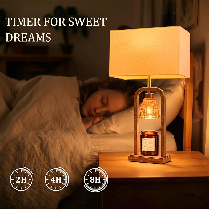 Farmhouse Table Lamps with Candle Warmer & Timer for Bedroom, Wood-Like Bedside Lamps Set of 2 for Night Stands, 21.5''