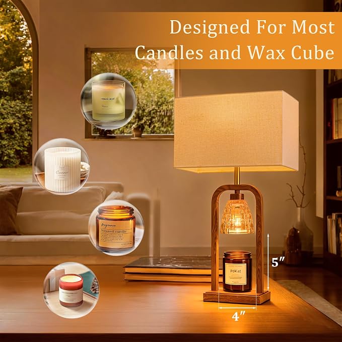 Farmhouse Table Lamps with Candle Warmer & Timer for Bedroom, Wood-Like Bedside Lamps Set of 2 for Night Stands, 21.5''