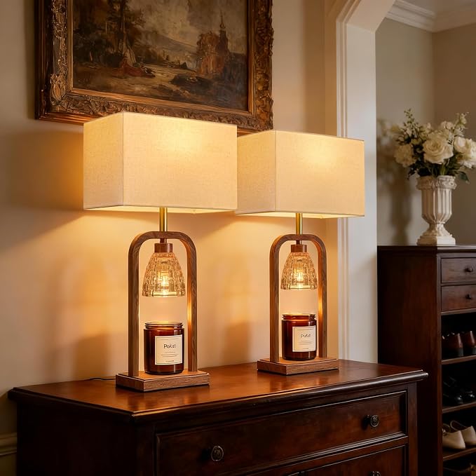 Farmhouse Table Lamps with Candle Warmer & Timer for Bedroom, Wood-Like Bedside Lamps Set of 2 for Night Stands, 21.5''