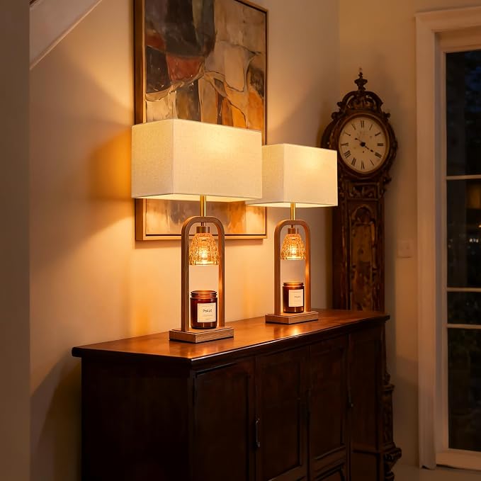 Farmhouse Table Lamps with Candle Warmer & Timer for Bedroom, Wood-Like Bedside Lamps Set of 2 for Night Stands, 21.5''