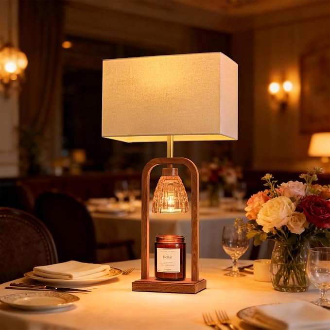 Farmhouse Table Lamps with Candle Warmer & Timer for Bedroom, Wood-Like Bedside Lamps Set of 2 for Night Stands, 21.5''