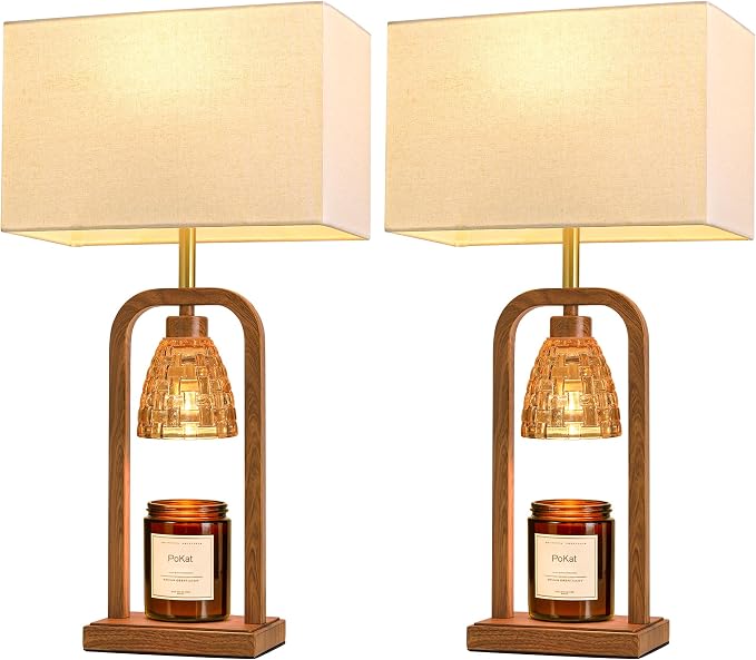 Farmhouse Table Lamps with Candle Warmer & Timer for Bedroom, Wood-Like Bedside Lamps Set of 2 for Night Stands, 21.5''