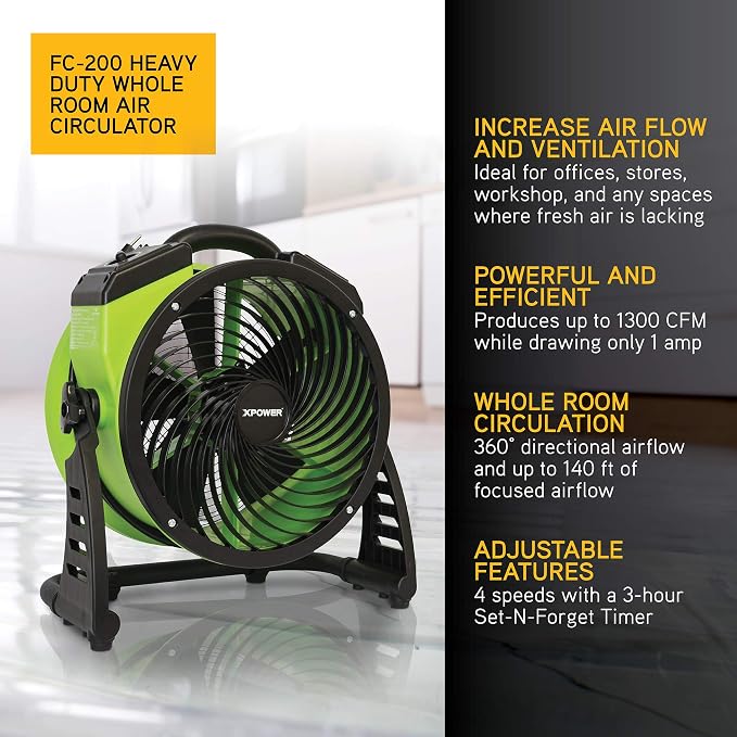 FC-200 Heavy Duty Industrial High Velocity Whole Room Air Mover Air Circulator Utility Floor Fan, 4 Speeds, Timer, 13 inch