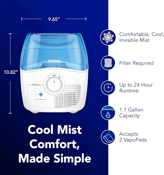 Filtered Cool Mist Humidifier, Medium Room, 1.1 Gallon Tank - Humidifier for Baby and Kids Rooms, Bedrooms and More