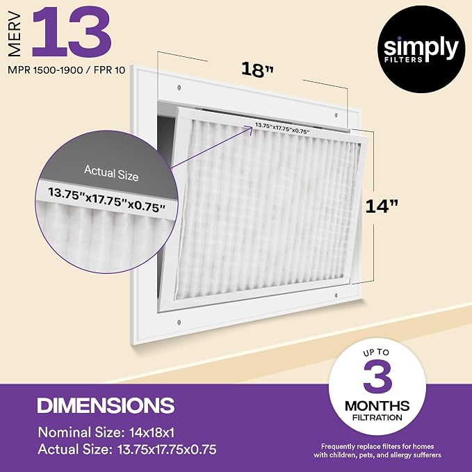 Filters 14x18x1 MERV 13, MPR 1500 Air Filter (6 Pack) - Actual Size: 13.75"x17.75"x0.75" HVAC, AC Furnace Filter, alternate