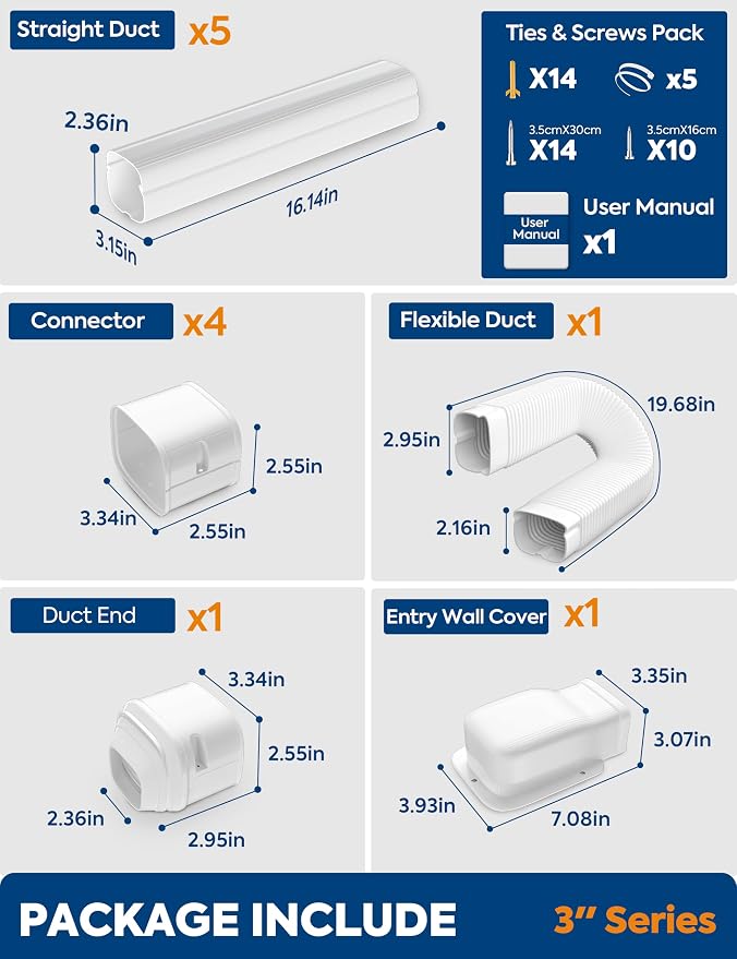 3" 9Ft Mini Split Line Set Cover with Flexible Duct, Upgrade PP Decorative Minisplit Lineset Cover