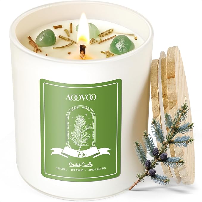Fir Scented Candles for Women - Aromatherapy Candle with Crystals Inside, 10oz Soy Candles for Home Scented, product image