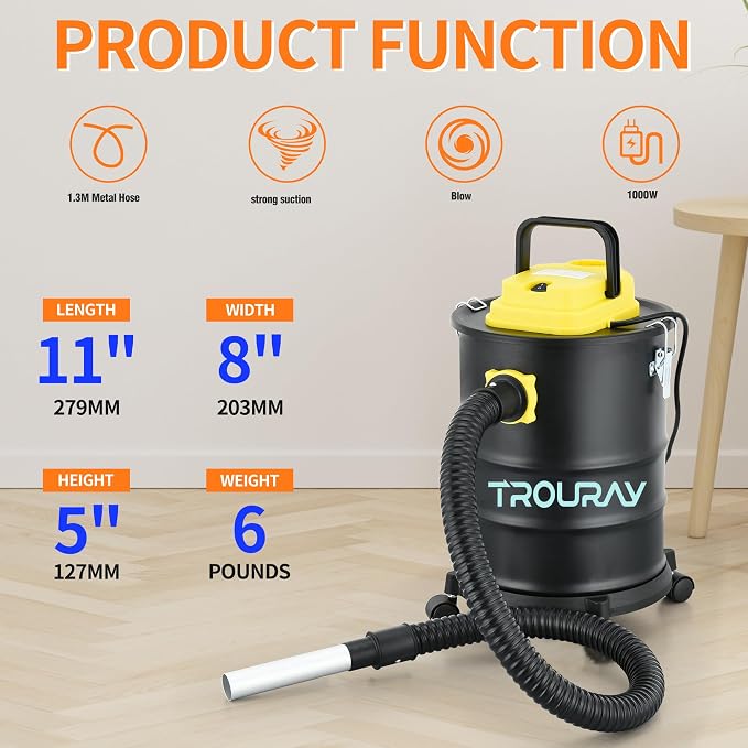 Fireplace Ash Vacuum Cleaner, 4 Gallon Heat Resistant Lightweight Canister Vacuum Cleaner with 1000W Powerful Suction Blowout