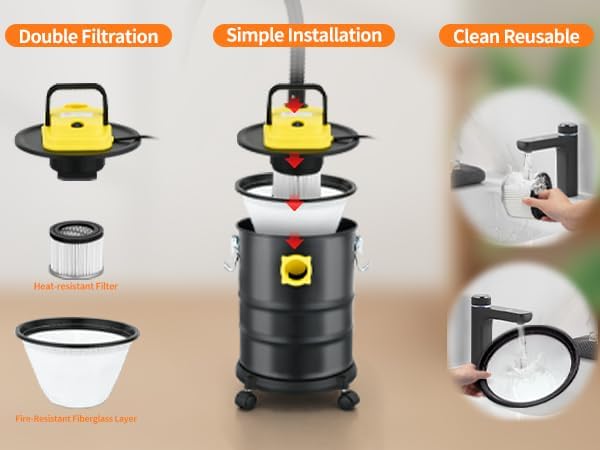 Fireplace Ash Vacuum Cleaner, 4 Gallon Heat Resistant Lightweight Canister Vacuum Cleaner with 1000W Powerful Suction Blowout