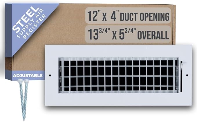 Fits 12x4 Duct Opening Steel Adjustable Air Supply Grille by | Register Vent Cover Grill for Sidewall and Ceiling | White |