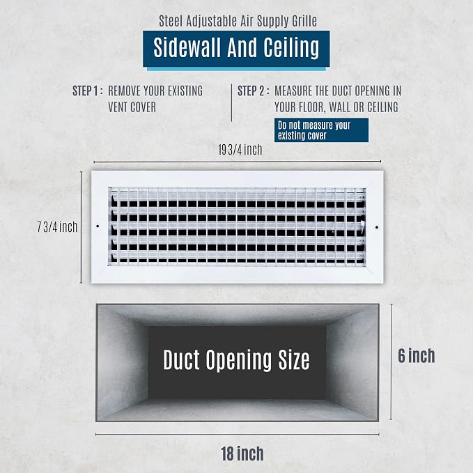 Fits 18x6 Duct Opening Steel Adjustable Air Supply Grille by | Register Vent Cover Grill for Sidewall and Ceiling | White |