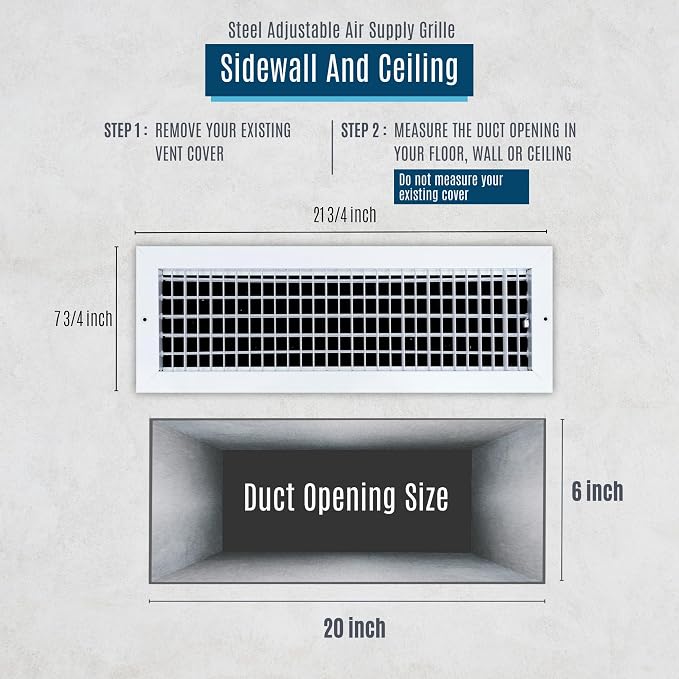 Fits 20x6 Duct Opening Steel Adjustable Air Supply Grille by | Register Vent Cover Grill for Sidewall and Ceiling | White |