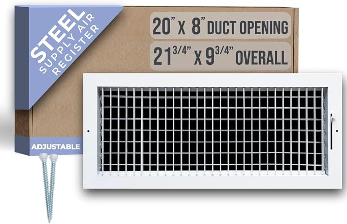 Fits 20x8 Duct Opening Steel Adjustable Air Supply Grille by | Register Vent Cover Grill for Sidewall and Ceiling | White |