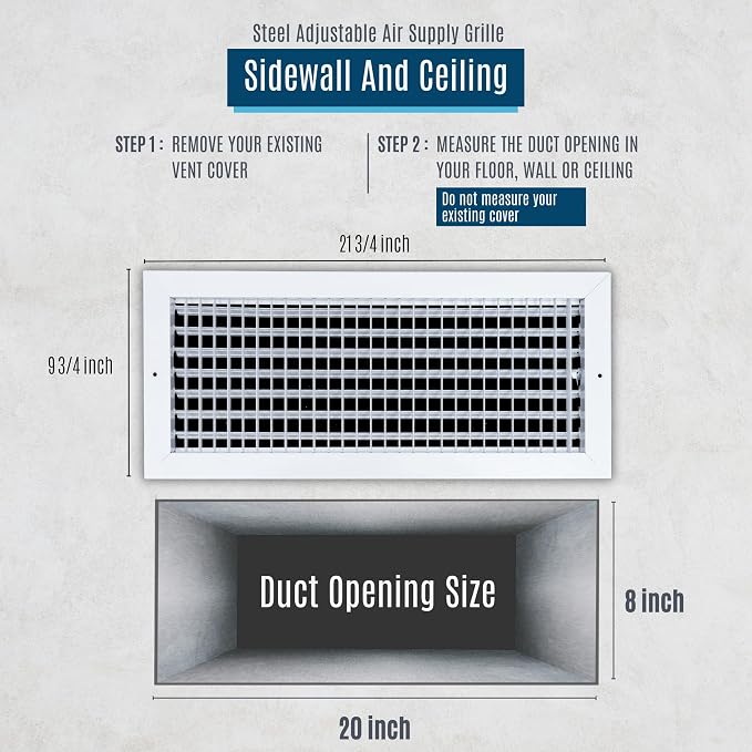 Fits 20x8 Duct Opening Steel Adjustable Air Supply Grille by | Register Vent Cover Grill for Sidewall and Ceiling | White |